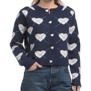 Cynthia Rowley | Navy Argyle Heart Pattern Cardigan Sweater